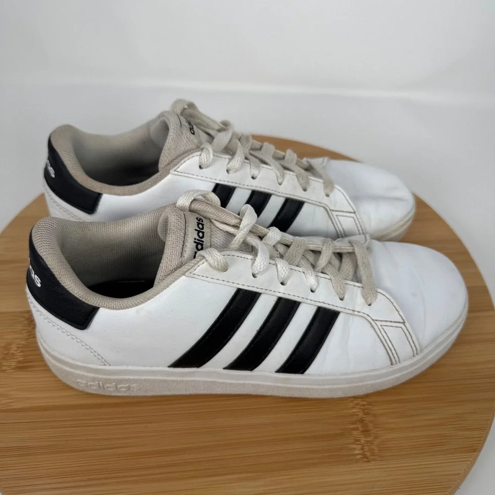 Adidas Grand Court Shoes White‎ Black Stripes Lace Up Sneakers US 4 UK 3.5